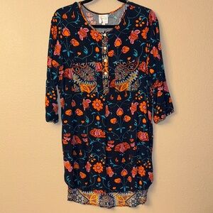 ANTHROPOLOGIE Fig & Flower LARGE Navy Multicolor Floral Tunic Blouse